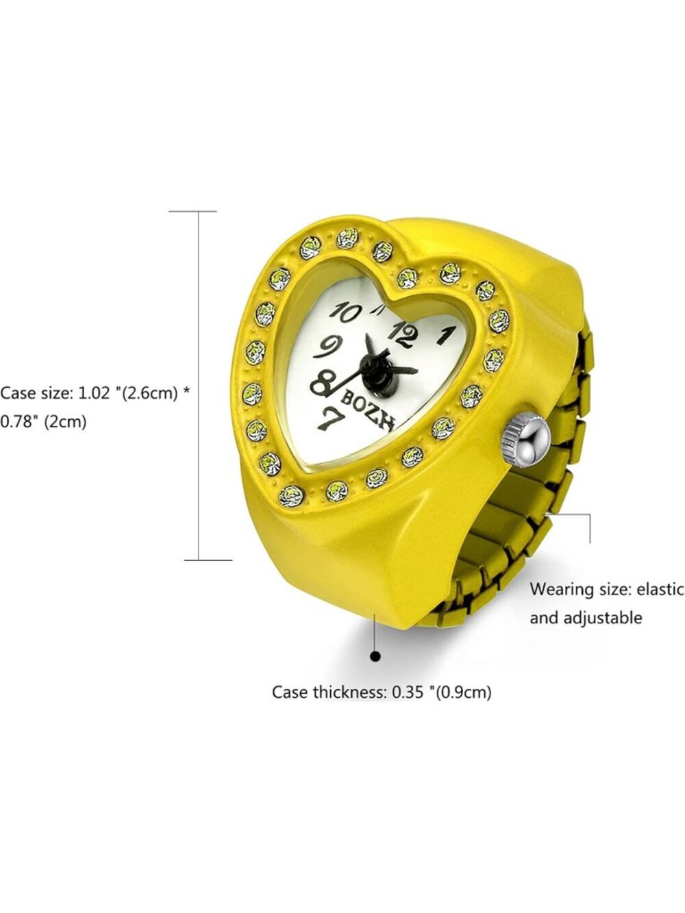 Unisex Yellow Analog Quartz Easy Read Adjustable Modern Heart Finger Ring Watch - Picture 6 of 6